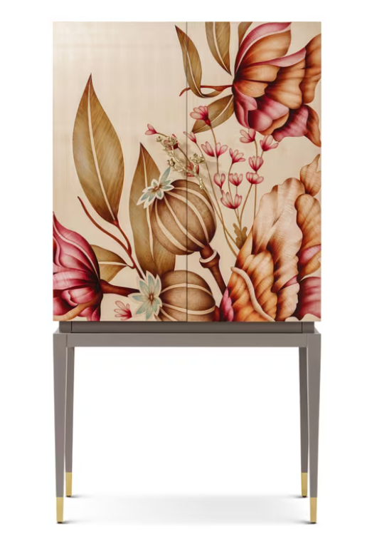 THEODORE ALEXANDER | Wooden Bouquet Bar Cabinet with Brass Base