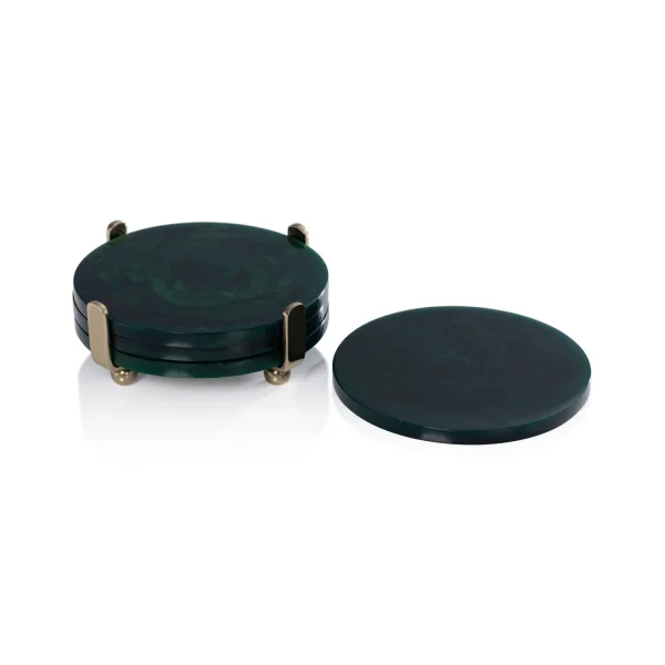 DecoRoom Curated Decor | Spiga Set/4 Coasters on Stand, Gold w/ Green