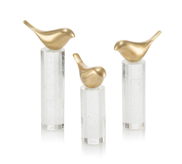 JOHN RICHARD | SET OF 3 PERCHED BIRDS IN BRASS & CRYSTAL |